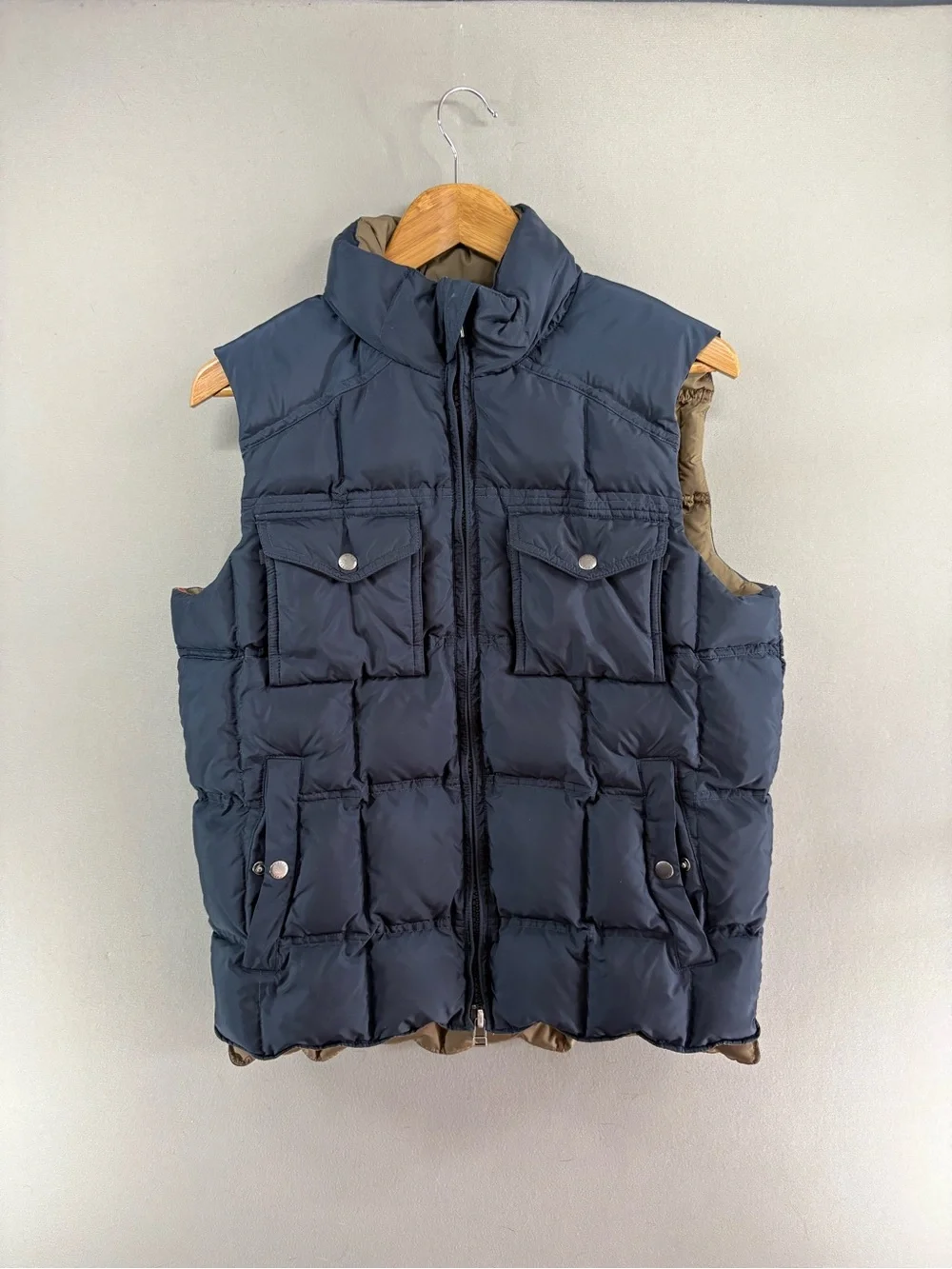 J.Crew Men Expedition Down Puffer Vest Jacke Hood Size Small Navy Outdoor Style
